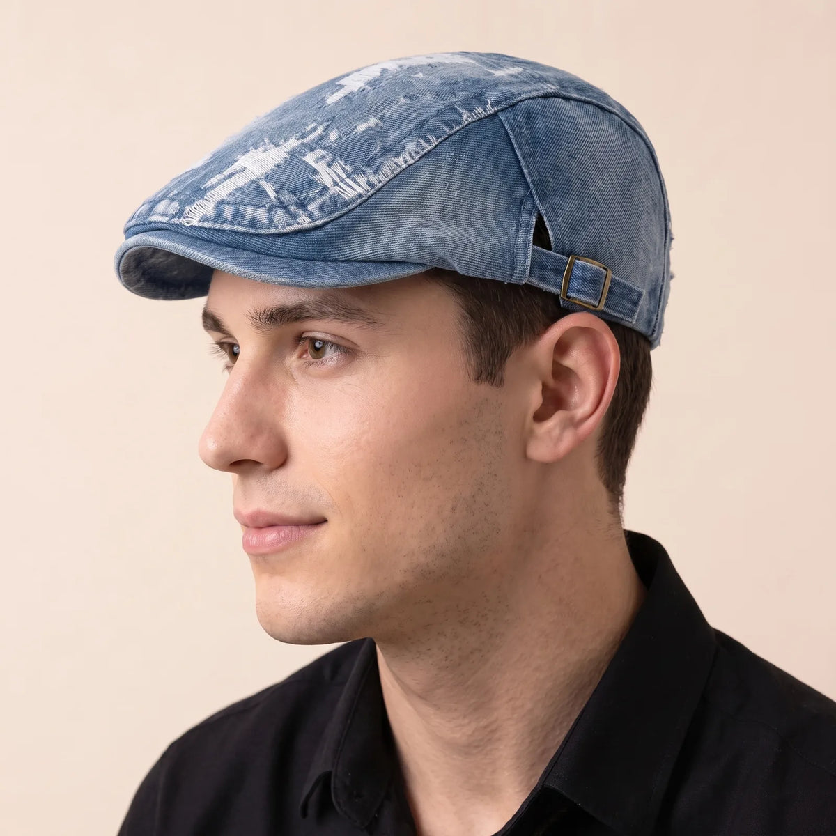 Béret Vintage Denim Déchiré, vue de trois-quarts