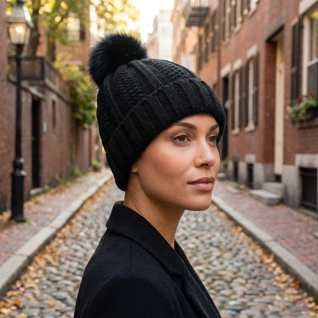 Bonnet Brodée à Pompon, porté
