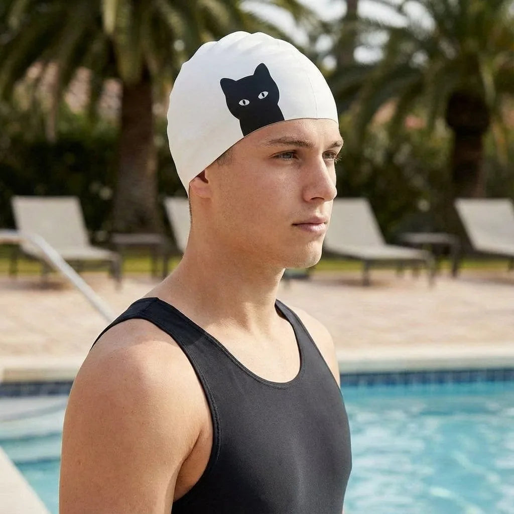 Bonnet de Bain Blanc, porté