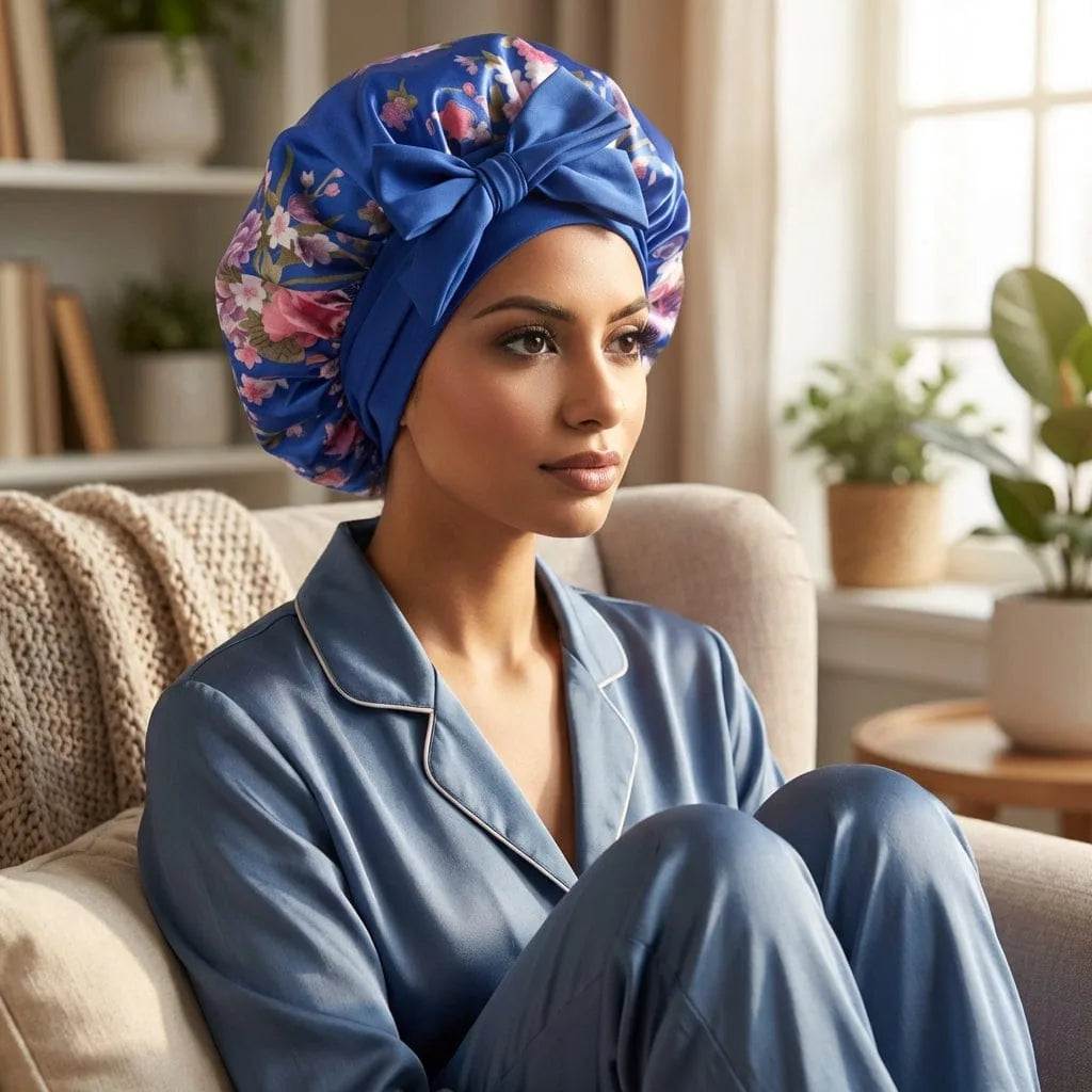 Bonnet de Nuit Satin Cheveux Bouclés, porté