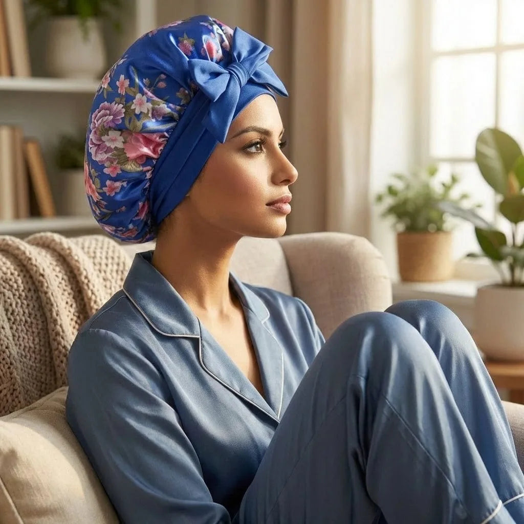 Bonnet de Nuit Satin Cheveux Bouclés, vue de trois-quarts