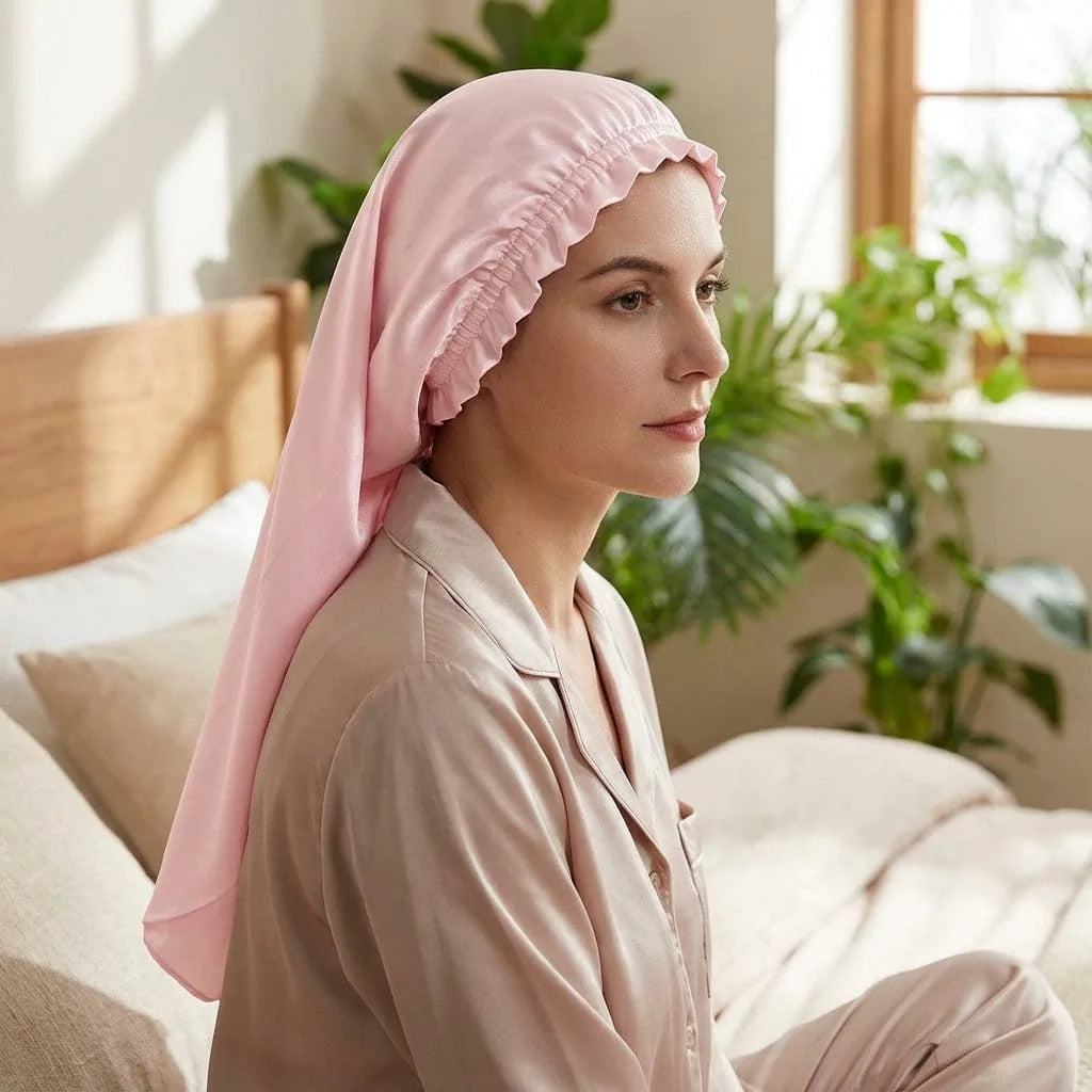 Bonnet de Soie Cheveux Longs, porté