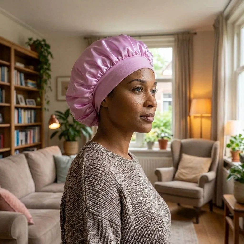 Bonnet Satin de Nuit, porté