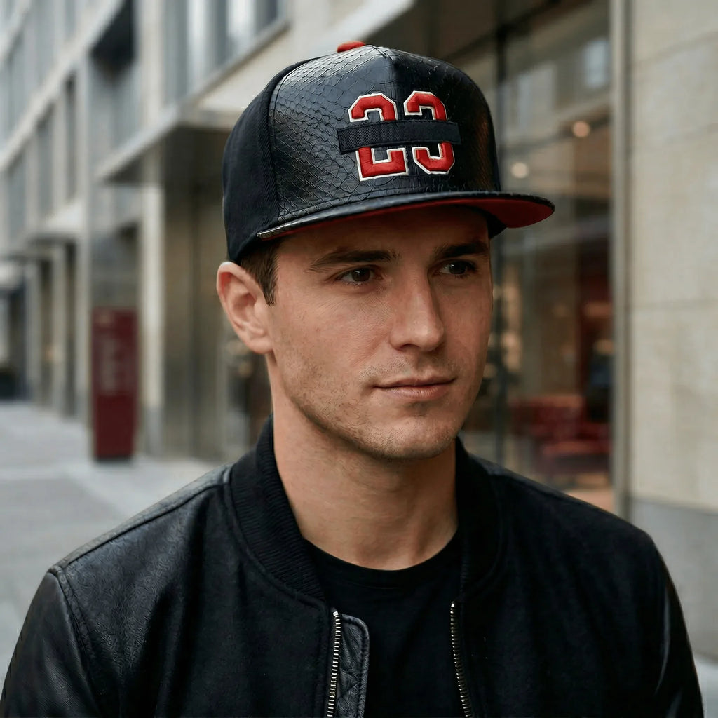 Casquette Plate Cuir Hip-Hop, porté