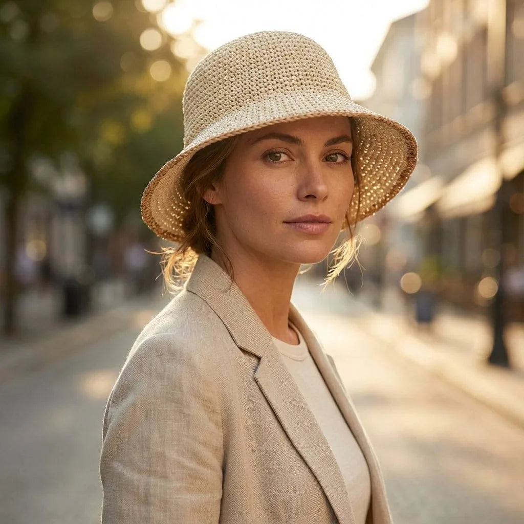 Chapeau de paille Arrondi, porté