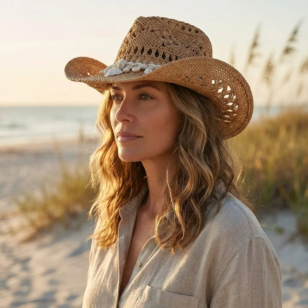 Chapeau de paille Coquillage, porté