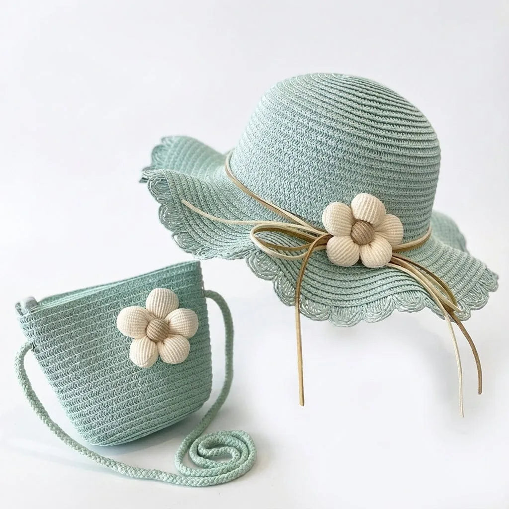 Chapeau de paille Fleur — coloris bleu