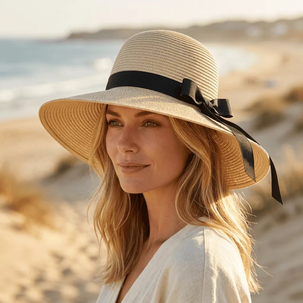 Chapeau de Paille Ruban Femme, porté