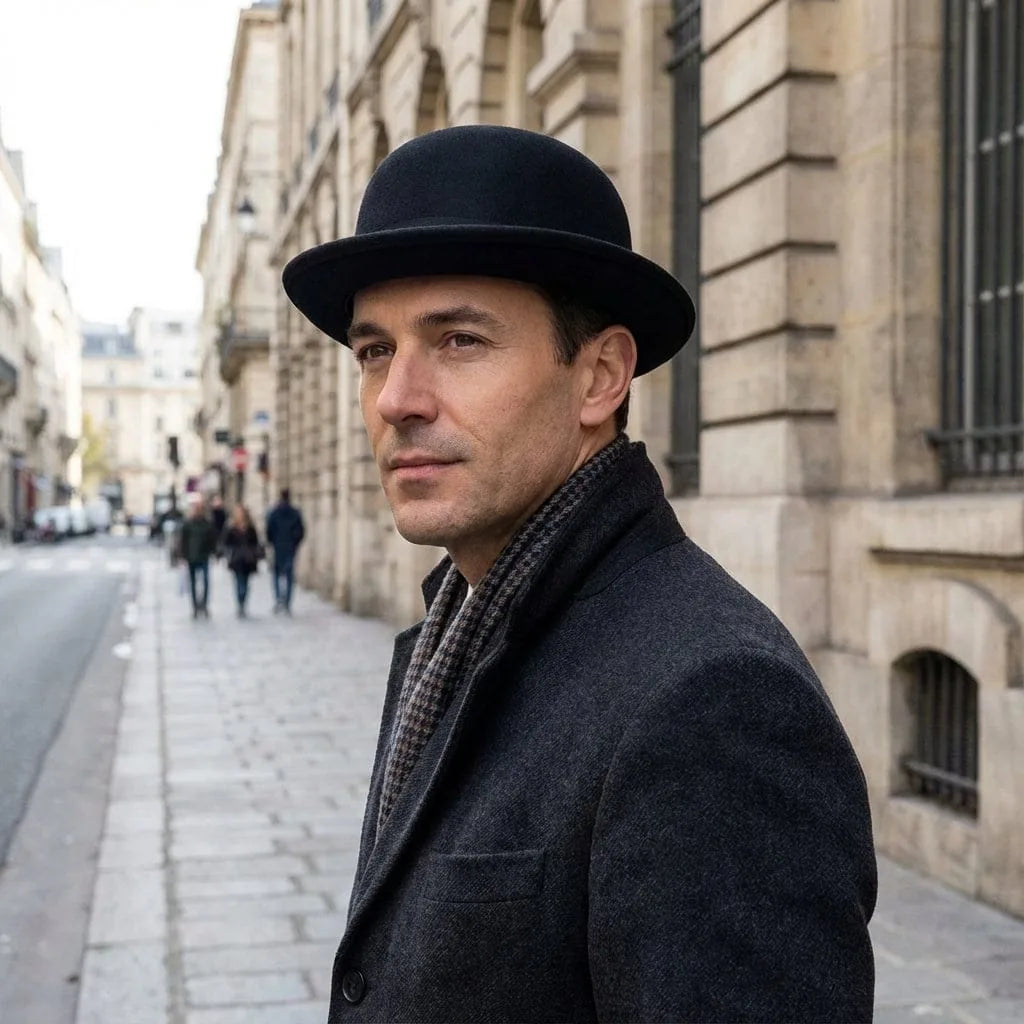 Chapeau Melon Noir, porté